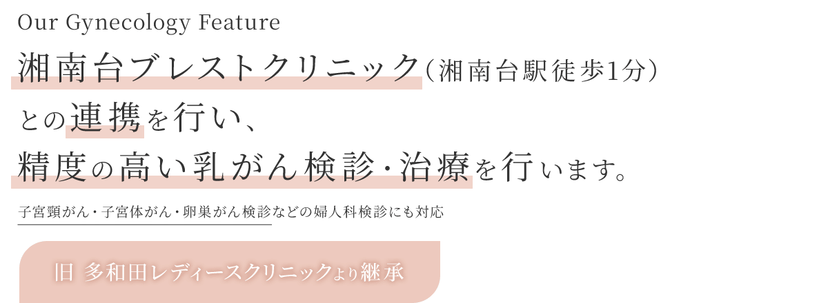 Our Gynecology Feature 湘南台ブレストクリニック（湘南台駅徒歩1分）との連携を行い、精度の高い乳がん検診・治療を行います。 子宮頚がん・子宮体がん・卵巣がん検診などの婦人科検診にも対応 旧 多和田レディースクリニックより継承 湘南台ブレストクリニックの分院となります！